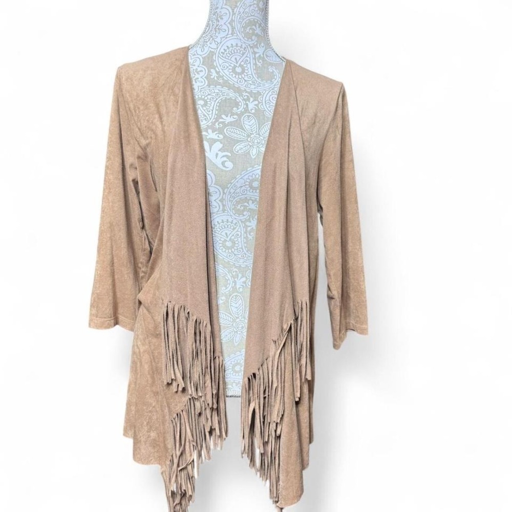 Western Coastal Cowgirl Tan Fringe Suede Feel Cardigan Boho Layering Chic